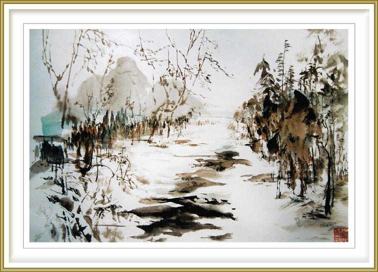 Sylviane Leblond 1, France, Winter Landscape, 2013, Chinese Calligraphic Painting on Rice Paper "marouflé", 60 x 50 cm