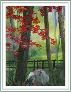 Ann Dunbar 4, France, Zen Japanese Garden, 2018, Embroidery & Watercolour, 19 x 14,2 cm