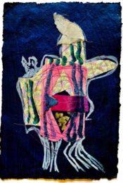 Aliza Thomas, Netherlands, The Traveler, looking For Rest, 2020, indigo dyed handmade paper, with stitched collage
