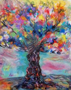 Aldina H Beganovic, Italy, Rainbow Tree, 2021, fluid and acrylic on canvas, 50 x 60 cm