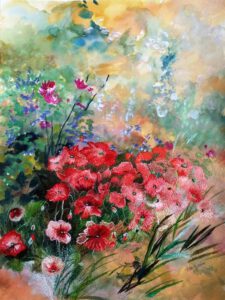Ann Dunbar, France, Poppy Dream Monet, 2018, embroideryon watercolour, 80 x 60 cm