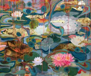 Suzan Lotus Obermeyer, USA, Red Swamp Lotus, 2020, mixed media painting on canvas, 101 x 87 cm