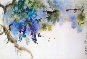 Sylviane Leblond, France, Wisteria / Glycine, 2017, chinese calligraphic painting on rice paper, 60 x 85 cm