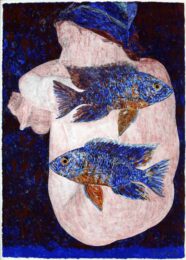 Elmar Peitner, Austria, Kauernde und zwei Fische, 2000, Bleistift, Eitempera, 27 x 19 cm