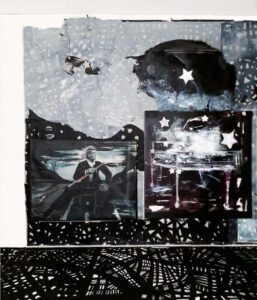 Helena Laine, Finnland, Magic Of Stars, Mozart And The Magic Flute, 2021, installation on the wall (260 x 270 cm) with two paintings on canvas, Flutist (acr. 90 x 120 cm) and Grand Piano playing Stars (acr. 120 x 120 cm)