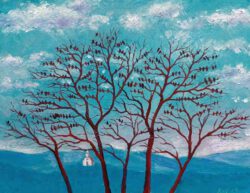 Josip Rubes, Croatia, Birds On A Tree, 2022, oil on canvas, 28 x 38 cm