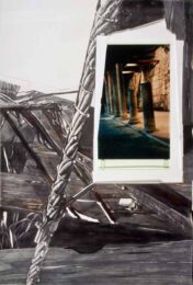 Judith E. Stone, USA, Stronghold / Gorge, 2018, graphite, conte, photograph, tinted, transparent plexiglas, 47 x 33 in