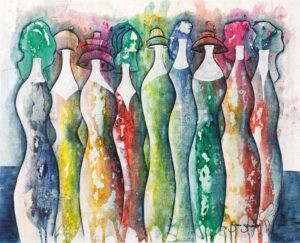 Simon Schaudt, Switzerland, We The Nine, 2023, acryl, mixed media, Leinwand auf Alu, (Rahmung: Lindenholz natur), 63 x 76 x 3,5 cm