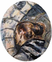 Aga Cela,The Netherlands, Young Man Under An Ancient Archway, 2023, oil on canvas, oval, 60 x 50 cm