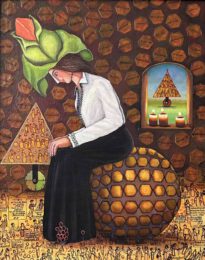 Jaime Josè, Mexico, La Abuela Joven, 2023, acrílico / tela yute, collage, 100 x 80 cm