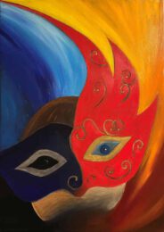 Magdolna Gaal, Hungary, Carneval, 2025, oil, streched black canvas, 70 x 50 cm